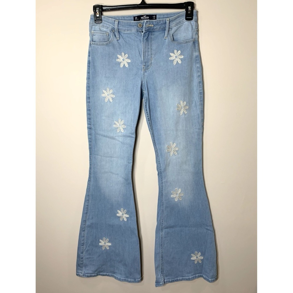 Hollister Flare Jeans Womens Junior 29X32 Daisy Embroidered Hippie Boho MidRise